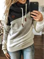 Detail of women's color-block cowl neck hoodie with drawstring cords and cozy fit - S / Tops / Black