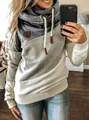 Detail of color-block cowl neck hoodie with drawstring and leather patch - S / Tops / Gray