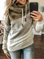 Detail view of women's cowl neck color block hoodie in green, grey and white - S / Tops / Khaki