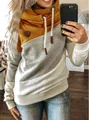 Detail view of women's color-block cowl neck sweatshirt in mustard yellow grey and white - S / Tops / Yellow