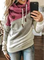 Close-up detail of women's cowl neck hoodie featuring stylish burgundy and grey color block - S / Tops / Rose Red