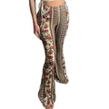 Pantalon évasé à taille haute avec imprimé floral bohème et design élastique ajusté - Camélia foncé #2