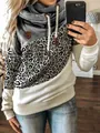 Close-up of women's cowl neck sweatshirt featuring leopard print and grey-white color blocking - S / Tops / Leopard Print + Grey