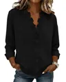 Dettaglio della camicia in cotone e lino nero da donna con elegante scollo a V con volant - Taglia S / Top / Nero