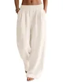 Detailed view of women's flowing linen wide-leg pants with comfortable elastic waist - Apricot