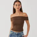 Chic brown off-the-shoulder fitted top for women made from soft breathable summer fabric - S / Tops / Coffee
