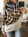 Stylish women's cowl neck sweatshirt featuring leopard print and trendy color-block design - 3XL / Tops / Apricot Leopard + Grey