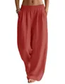 Close-up of vibrant red linen wide-leg pants featuring a comfortable elastic waistband. - L-140 / Bottoms / Brick Red