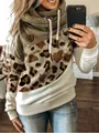 Detail of women's cowl neck hoodie featuring leopard print patchwork and adjustable drawstring - 3XL / Tops / Large Apricot Leopard Print + Khaki
