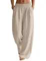 Women's airy linen wide-leg pants with elastic waist and pockets for beach travel - L-140 / Bottoms / Khaki