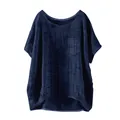 Detail of the navy blue loose linen top showing fabric texture and chest pocket - S / Tops / Navy Blue