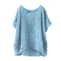 Close-up of a casual light blue loose-fitting linen top for women with a chest pocket - Light Blue