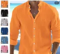 Men's casual linen solid orange long sleeve shirt variant for summer beach wear - Orange
