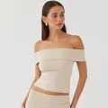 Elegant off-the-shoulder beige strapless top for women in a slim fit style for summer. - Apricot
