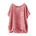 Detailed view of a women's casual loose linen top with a front pocket in rose pink color. - Pink