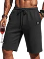 Detailed view of dark grey waffle textured casual men's summer shorts with drawstring - S / Bottoms / Black
