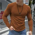 Nahaufnahme eines schmal geschnittenen Herren-Langarmshirts mit Waffelstrickmuster in Orange - S / Oberteile / Camel