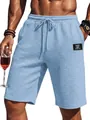 Detailed view of the premium waffle texture on light blue casual men's summer shorts - Light Blue