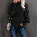 Elegant black lantern sleeve cable knit sweater for women, comfortable loose fit - Black
