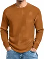 Detail of brown waffle-textured long sleeve slim fit crewneck sweatshirt for men - Camel