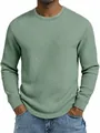 Close-up of the textured waffle knit fabric on a sage green long sleeve sweatshirt - Light Green