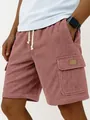 Premium men's dusty rose corduroy cargo shorts with drawstring waist and large side pockets - S / Bottoms / Pink