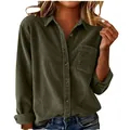 Detailweergave van dames corduroy overhemd met lange mouwen in olijfgroen met borstzak - S / Tops / Legergroen