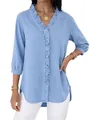 Camicia chambray azzurra da donna con scollo a V a balze e maniche a 3/4 casual - Taglia S / Top / Azzurro
