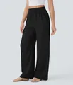 Black high-waisted wide-leg linen pants with drawstring and functional side pockets - S / Bottoms / Black