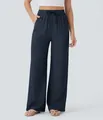 Casual high-waisted wide-leg linen pants with drawstring waist and side pockets for women - Navy Blue