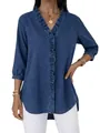 Camicetta casual da donna in finto denim blu con scollo a V e finiture a balze - Taglia S / Top / Blu navy