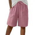 Close-up detail of women's pink cotton linen drawstring shorts with loose casual fit - Pink