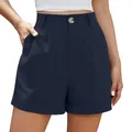 Close-up detail of navy blue high-waisted cotton linen shorts with button closure - S / Bottoms / Navy Blue