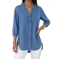 Camicia casual da donna in finto denim blu con scollo a V a balze e maniche a 3/4 - Taglia S / Top / Blu