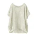 Women's casual loose linen-blend short sleeve top in oatmeal beige with front pocket - White