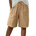 Close-up view of women's khaki cotton linen shorts with drawstring and front pockets. - Khaki