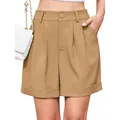 Elegantes pantalones cortos caqui de talle alto y pierna ancha para mujer con pliegues - XS / Bottoms / Caqui