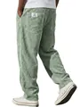 Detailed view of men's sage green corduroy pants with vertical stripes and back pocket label - Light Green