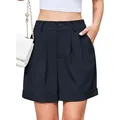 Elegantes pantalones cortos azul marino de pierna ancha con pliegues para mujer - Azul marino
