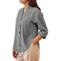 Vista dettagliata laterale di camicia grigia da donna in cotone e lino con colletto - Grigio