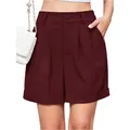 Elegantes pantalones cortos burdeos de pierna ancha para mujer con talle alto. - Burdeos
