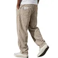 Men's vintage loose straight corduroy trousers with white pocket label and vertical stripes - S / Bottoms / Khaki