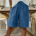 Γυναικείο casual μπλε βαμβακερό λινό σορτς με ρυθμιζόμενο κορδόνι και τσέπες - S / Bottoms / Μπλε ζαφείρι