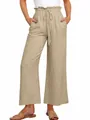 Detailed view of high waist wide-leg linen pants with adjustable drawstring tie - S / Bottoms / Khaki