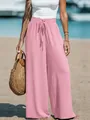 Detailed view of pink cotton linen wide leg pants showing the drawstring waist design - Pink