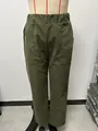 Detail view of women's army green corduroy straight leg pants with elastic waist - S / Bottoms / Army Green