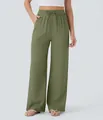 Detail of high waist drawstring wide leg linen pants with side pockets in olive green - Olive Green