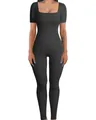 Sleek black square neck ribbed one-piece yoga jumpsuit for women fitness training - S / Top And Bottom / T-Shirts / Black