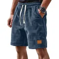 Pantalones cortos azul marino de hombre con textura gofrada, cordón y parche de cuero - 5XL / Bottoms / Azul marino