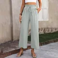 Detailed look of light green high-waisted linen wide-leg pants with drawstring - Light Gray